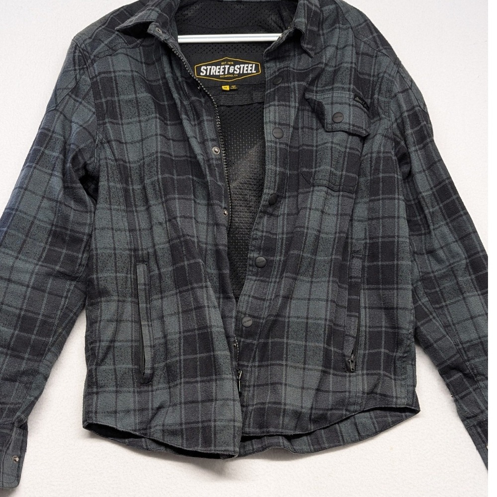Street & Steel Armored Motorcycle Riding Shirt Grey Black Plaid Padded Jacket M
